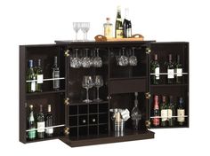 a cabinet with wine glasses and bottles in it