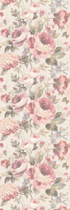 a floral wallpaper with pink flowers and green leaves on the bottom half of it