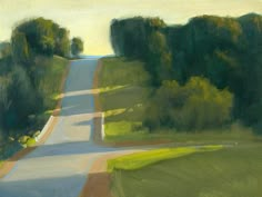 an oil painting of a country road with trees on either side and grass in the foreground