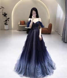 Celestial Prom Dress, Midnight Blue Prom Dresses, Midnight Gown, Ball Gowns Fantasy, Midnight Blue Dress, Tulle Long Prom Dress, Galaxy Dress, Blue Ball Gowns, Prom Dress Inspiration