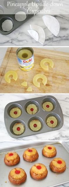 pineapple upside down cupcakes in a muffin tin and on a baking tray