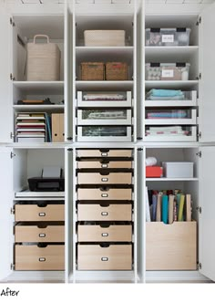 an organized closet with lots of drawers and bins