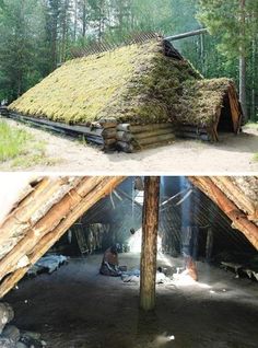 two pictures showing the inside and outside of an old log cabin with grass on top