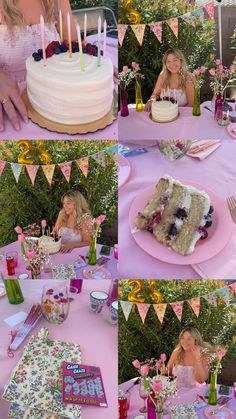 a woman sitting at a table with a cake in front of her and other photos