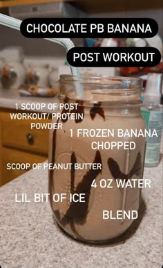 chocolate pb banana post workout recipe in a mason jar with instructions on how to use it