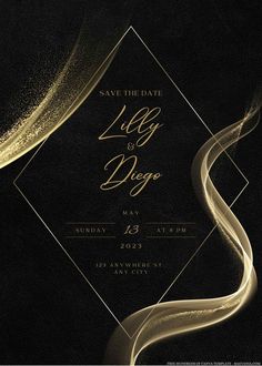 an elegant black and gold wedding save the date card with swirly lines on it