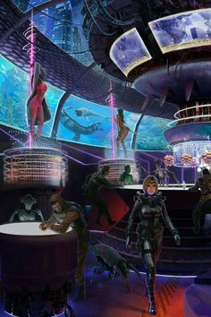 some people are standing around in a futuristic space station with fish tanks and other things