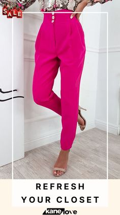 Button High Waist Trouser Pants Summer Business Casual Pants With Buttons, Business Casual Summer Pants With Buttons, Summer Straight Pants With Button Cuffs, Pink Bottoms With Buttons For Fall, Pink Fall Bottoms With Buttons, Pink Tapered Leg Office Pants, Spring Office Bottoms In Solid Color, High-waisted Pants With Button Cuffs For Summer, Trendy Bottoms For Spring Workwear