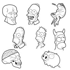 the simpsons characters are depicted in this black and white drawing, with different facial expressions