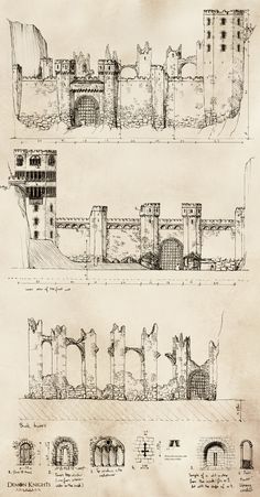 three drawings of different buildings and structures in one drawing, the other sketched on paper