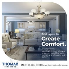 a living room and dining room are featured in this ad for thomas interior's