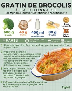 an advertisement with broccoli and other foods in french on the front, as well as instructions for how to cook it