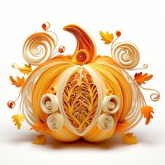 an orange pumpkin with swirls and leaves on it's sides, sitting in front of a white background