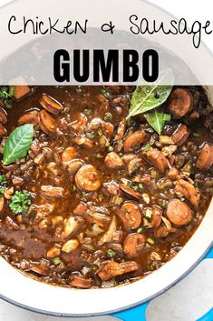 chicken and sausage gumbo in a white bowl on a blue patterned tablecloth with text overlay