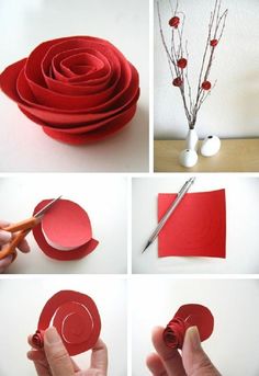 the process to make a paper rose is shown