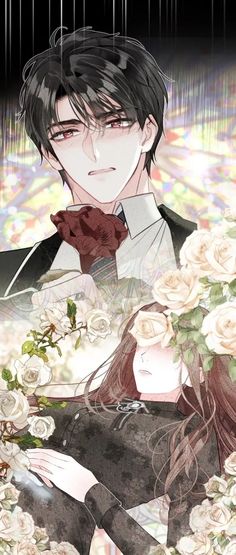 an anime character with flowers in his hand and another person standing next to him holding roses