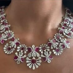 925 Sterling Silver Necklace Her Cubic Zirconia Floral Statement Design Jewelry | eBay Beautiful Diamond Necklace, Western Necklace, Ruby And Diamond Necklace, Bridal Diamond Necklace, Royal Ruby, Indian Wedding Jewelry Sets, Neck Pieces Jewelry, Jewellery Design Sketches, Jewellery Diamond