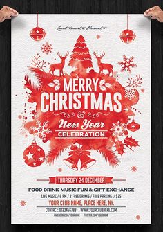 a christmas party flyer with red and white decorations