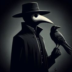 a man in a top hat holding a black bird on his finger and wearing a long sleeved shirt