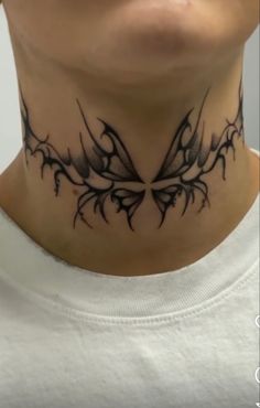 Throat tattoo butterfly Wrap Around Neck Tattoo, Neck Tattoos Throat, Goth Neck Tattoo, Tattoo Ideas For Men Neck, Neck Tattoos Women Throat, Symmetrical Tattoos, Throat Tattoos, Front Neck Tattoo