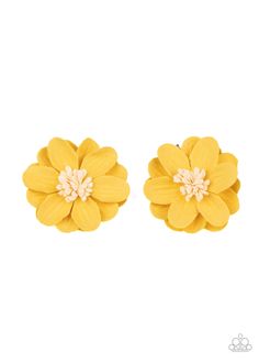 Yellow paper-like petals delicately gather around life-like beaded centers, creating a colorfully whimsical pair of blossoms. Each flower features a standard hair clip on the back.

Sold as one pair of hair clips. Yellow Hair Accessories, Yellow Blossom, Dream Catcher Earrings, Yellow Paper, Colorful Accessories, Yellow Hair, Hair Clips Girls, Paparazzi Accessories, Flower Hair Clips