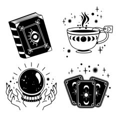 four black and white illustrations with coffee, books, and other items in the background