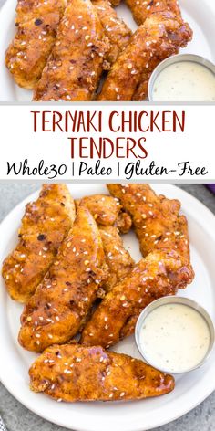 chicken tenders on a white plate with ranch dressing in the background and text overlay