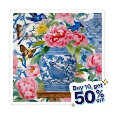 a blue and white vase with pink flowers on it next to a sticker that says buy 10 get 50 % off