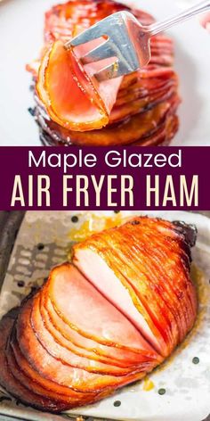 an air fryer ham is being cut into slices