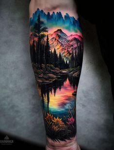 Forest Tattoo Leg Sleeve, Arm Sleave Ideas Men, Outdoor Sleeve Tattoos For Women, Colorful Nature Tattoos, Idaho Tattoo Ideas, Forearm Tattoo Color, Scene Tattoo Ideas, Wilderness Tattoo Women, Tattoo Mountains