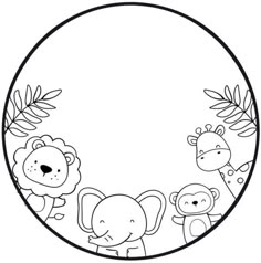 a black and white drawing of animals in a circle with leaves on the border around it