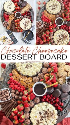 the dessert board has chocolate, strawberries, and other treats on it with text overlay