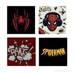 four different spiderman logos on black and red