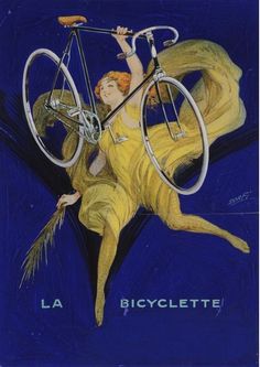 a painting of a woman with a bicycle on her back, and the words la bicyclette written below it