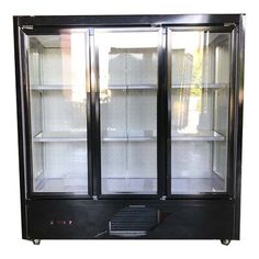 an empty glass doored refrigerator on wheels with no doors and shelves in the front