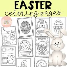 an easter coloring page with the words happy easter on it and images of bunnies, eggs