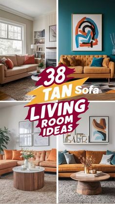 the living room is decorated in orange, blue and brown colors with text overlay that reads 38 tan sofa living room ideas