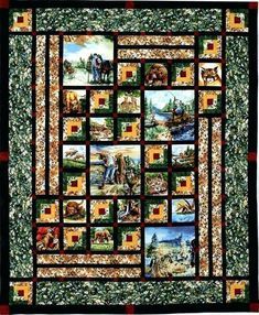 a quilt with pictures of animals and people on it's sides, all in different colors