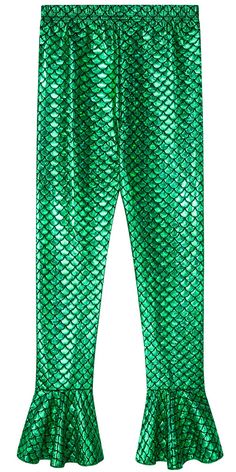 a green mermaid leggings with fish scales on the bottom and ruffled hem