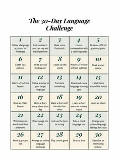 the 30 - day language challenge is shown with numbers and words in each square, which are