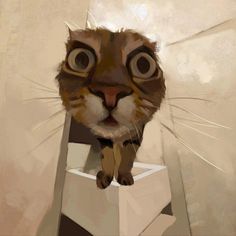 a painting of a cat sitting on top of a piece of paper with big eyes