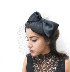 Black Birdcage Veil, Giant Bow, Women's Hat, Black Fascinator, Hair Accessory, Wedding Veil, Classic Bridal, Victorian Costume, Romantic Adjustable Hats With Bow For Wedding, Elegant Wedding Hats With Satin Bow, Fitted Wedding Hat With Ribbon, Kentucky Derby Party Hat With Satin Bow, Fitted Satin Bow For Wedding, Black Hat Headpiece For Wedding, Evening Fascinator With Satin Bow For Royal Ascot, Black Mini Hat For Wedding At Royal Ascot, Adjustable Satin Bow Headpiece For Party