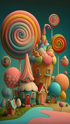 an illustration of a colorful candy land with lots of lollipops and houses