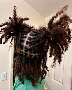 Two Buns Locs Hairstyle, Curly Locs Hairstyles Dreadlocks, Cute Starter Loc Styles, Loc Style Ideas, Edges With Locs, Medium Locs Black Women, Loc Retwist Styles For Women, Loc Ponytails, Locs With Beads