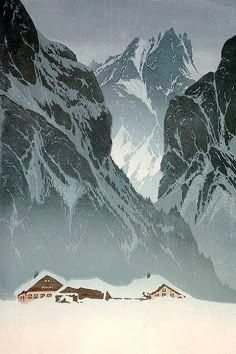 two skiers are skiing in the snow near some snowy mountains with houses on them