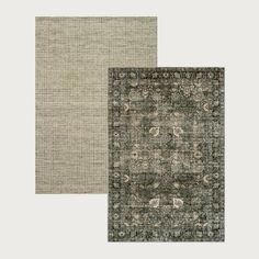 two rugs with different colors and patterns on them, one in grey and the other in beige