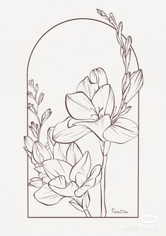 a line drawing of flowers on a white paper with an oval frame in the middle