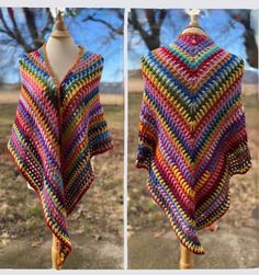 two pictures of a multicolored shawl on a mannequin