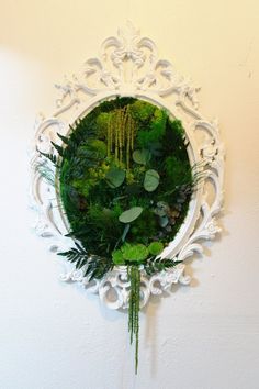 an image of a mirror with plants in it on the wall and another photo behind it