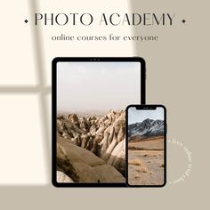 an iphone and tablet with the text photo academy on it, in front of a desert landscape